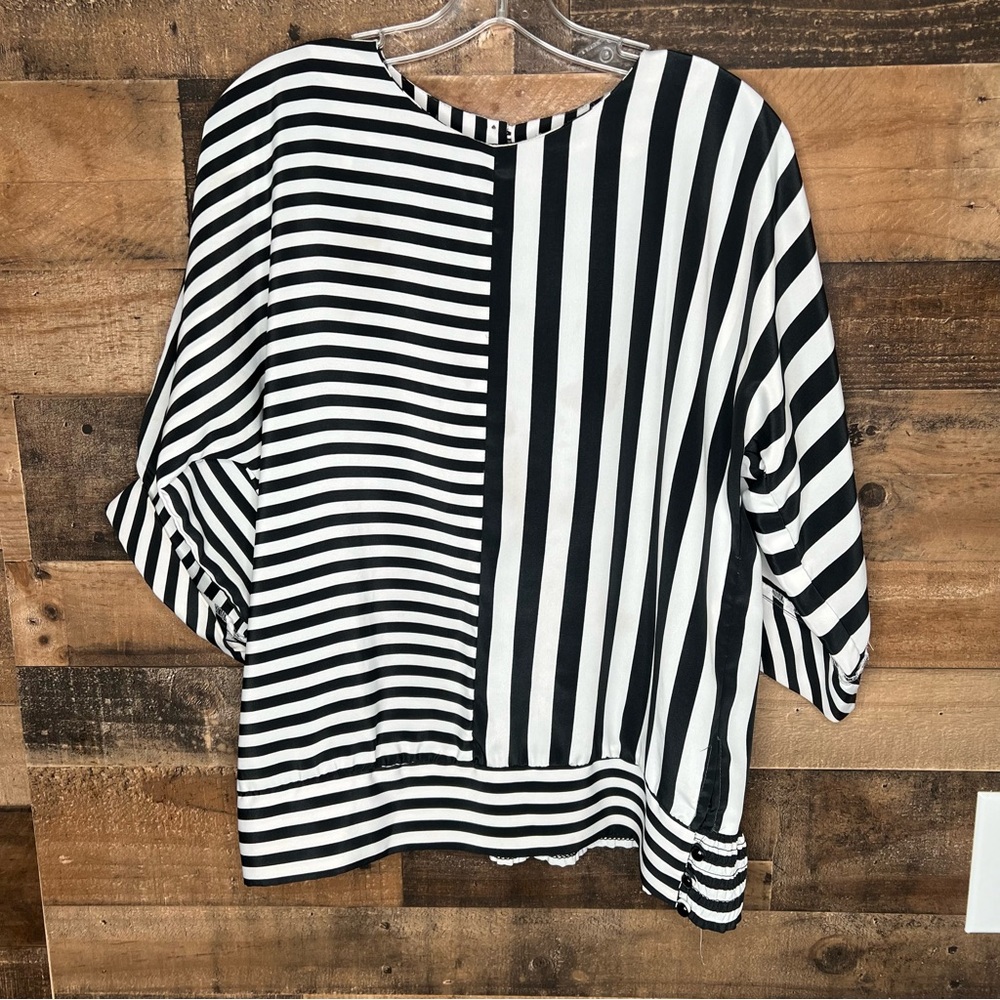 Lady Carol of New York Vintage 80s  Women's Black White Stripe Blouse Medium